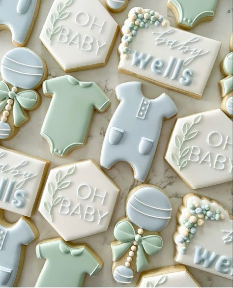 Baby Boy Shower Cookies, Dallas Cowboys Baby Shower, Baby Boy Cookies, Baby Shower Cake Designs, Sage Green Baby Shower, Onesie Cookies, Royal Iced Cookies, Pop Ideas, Crazy Cookies