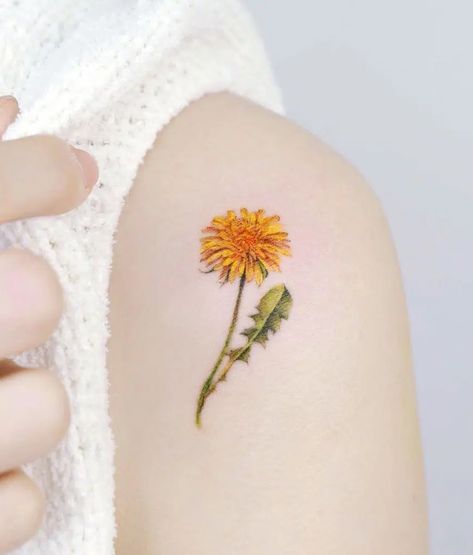 Yellow Dandelion Tattoo Design, Dandelion Line Drawing, Yellow Dandelion Tattoo, Fam Tattoo, Tattoo Dandelion, Leon Tattoo, Dandelion Tattoo Meaning, Dandelion Tattoos, Dandelion Tattoo Design