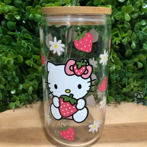 Crafts For Gf, Hello Kitty Skin Care, Hello Kitty Strawberries, Hello Kitty Cups, Hello Kitty Cup, Aesthetic Cups, Aesthetic Water Bottle, Hello Kitty Water Bottle, Coffee Glass Cup