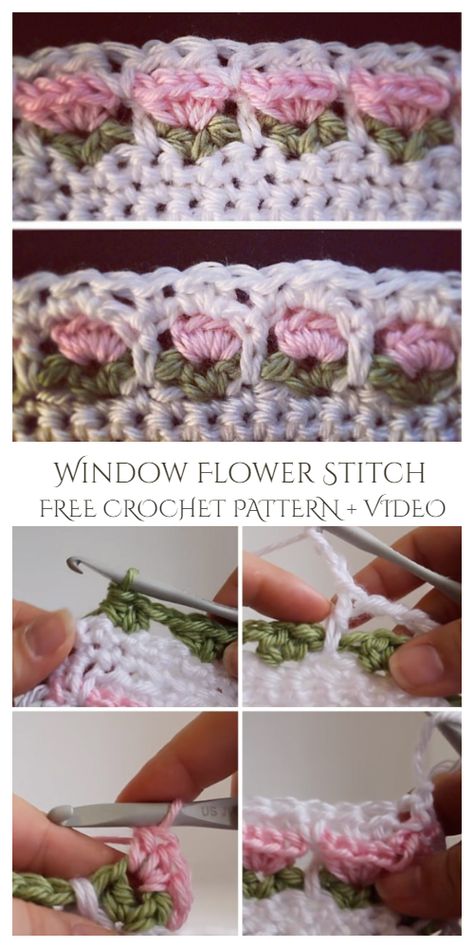 Crochet Window Flower Stitch Free Crochet Pattern-Video Tutorial Flower Stitch Pattern, Flower Crochet Border, Crochet Flower Stitch Pattern, Crochet Flower Border, Flower Stitch Crochet, Flower Crochet Stitch, Crochet Flower Stitch, Crochet Edging And Borders, Bedsheets Designs