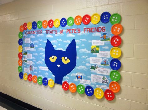 Cat Bulletin Board Ideas, Pete The Cat Bulletin Board, Pete The Cat Classroom Theme, Cat Bulletin Board, Pete The Cat Buttons, Preschool Pete The Cat, Pete The Cat Birthday, Pete The Cat Classroom, Class Decor Ideas