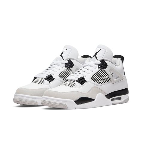 Treat your feet to a piece of sneaker royalty with the Air Jordan 4 Retro 'Military Black.' This iconic footwear piece is shaped in the silhouette of one of Jordan Brand's original designs - the Air Jordan 4 Military Blue. Crafted from premium materials, this stylish pair features a smooth white leather upper, which is complemented by a light grey Durabuck toe wrap, and netted TPU inserts for breathability and functionality. To add a pop of color, the Military Black eyelets, heel tabs, and underlays provide vibrant contrast to the upper. At the base sits a comfortable unit sole featuring fashionable colors: white, black, and light grey. Get ready to stand out and hit refresh on your wardrobe with these statement sneakers that pay homage to shoes worn by basketball legend Michael Jordan. Air Jordan 4 Military Black, Black Cat 4s, Baskets Jordans, Red Thunder, Nike Air Jordan 4 Retro, Basketball Shoes For Men, Nike Air Jordan 4, Retro Basketball Shoes, Dr Shoes