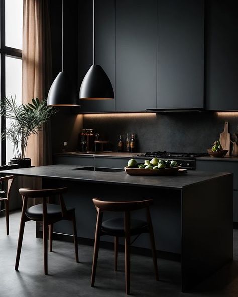 Black Kitchen Ideas, Sophisticated Kitchen, Black Kitchen Countertops, Modern Black Kitchen, Modern Minimalist Kitchen, Black Appliances, Minimalist Kitchen Design, Black Kitchen Cabinets, Cabinets And Countertops