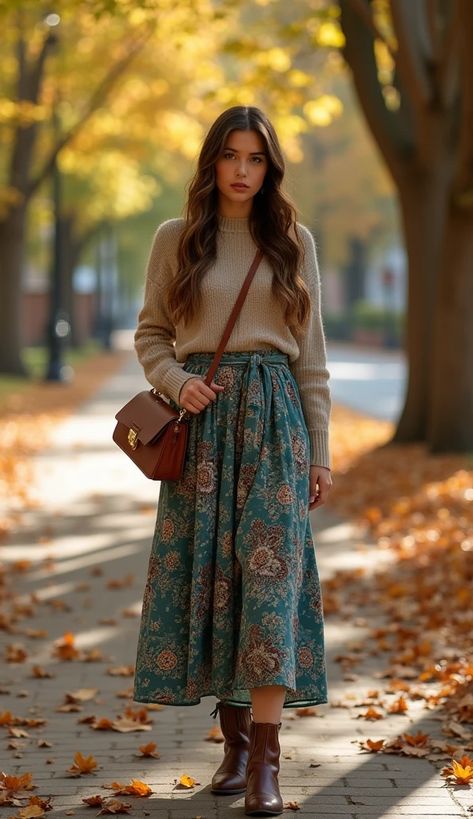 Fall Outfit Ideas: Cozy Knit Sweater and Midi Skirt - Effortless Femininity Fall Cottage Outfits, Fall Apple Picking Outfit, Earthy Clothes Aesthetic, Cozy Feminine Outfits, Comfy Feminine Outfits, Romance Outfits, Casual Modest Outfits, Americana Outfits, Ornamental Tattoo Design