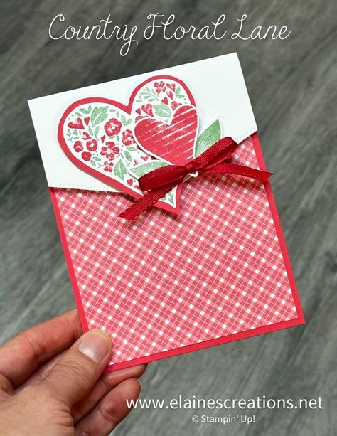 Create a top flap card by turning a card upside down and adding a flap to the top! Use one of the Basic Borders Dies to cut the top from a 3″ x 4-1/4″ piece of card stock. Add some stamped and cut out hearts and leaves from the Country Bouquet stamp set. Stamp a […] The post Top Flap Card Using Country Bouquet Bundle appeared first on Elaine's Creations Independent Stampin' Up! Demonstrator. The post Top Flap Card Using Country Bouquet Bundle appeared first on Elaine's Cre Country Floral Lane Dsp, Basic Borders Dies, Stampin Up Valentine Cards, Valentine Card Crafts, Valentine Invitations, Valentines Day Cards Handmade, Country Bouquet, Valentine Cards Handmade, Country Floral