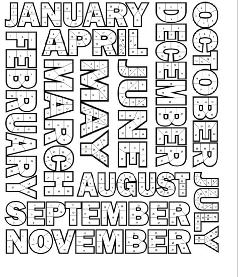 Each month is typed out and scattered on the page. The letters are hollow. Each letter is divided up and the number corresponds to the day of the month. Color In Each Day Calendar, Workout Tracker Coloring Page, Workout Coloring Calendar, 2023 Workout Tracker, School To Do List Printable, School To Do List, Bullet Journal Template, Bullet Journal Templates, Bullet Journal Budget