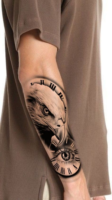 Eagle Tattoo On Arm, Eagle Tattoo Stencil, Eagle Geometric, Eagle Tattoo Arm, Depay Memphis, Clock Tattoo Sleeve, Eagle Wing Tattoos, Tattoo Artist Tips, Cute Tattoo Ideas