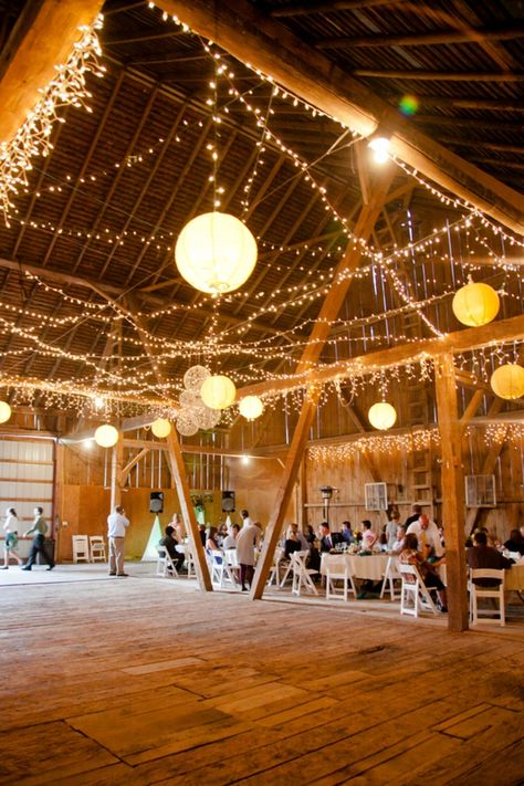 twinkle light and paper lanters barn wedding. Yes. Wedding Reception Chairs, Vintage Barn Wedding, Barn Wedding Reception, Barn Parties, Barn Dance, Smallest Wedding Venue, Country Barn Weddings, Barn Wedding Decorations, Barn Decor