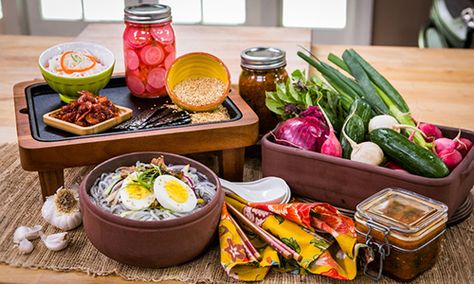 Home & Family - Recipes - Korean Food Made Simple With Judy Joo | Hallmark Channel Radish Pickle Recipe, Healthy Korean Recipes, Korean Cucumber, Cucumber Kimchi, Sliced Roast Beef, Kimchi Recipe, Sweet Potato Noodles, Korean Dishes, Warm Food