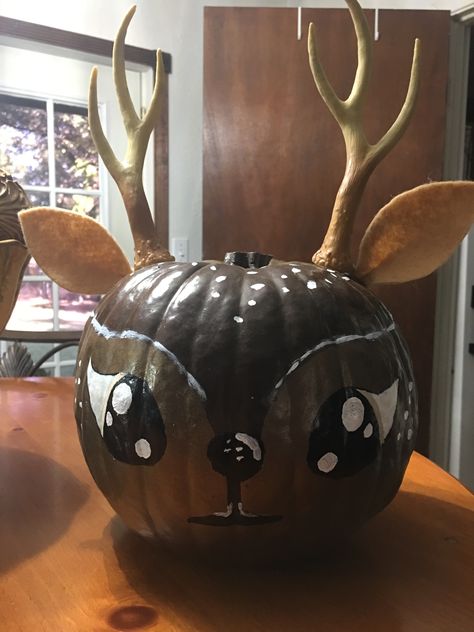 Deer Painted Pumpkin, Deer Pumpkin Decorating, Deer Pumpkin Painting, Deer Pumpkin Carving Ideas, Deer Pumpkin Carving, Deer Pumpkin, Deer Carving, Pumpkin Inspo, Decorated Pumpkins