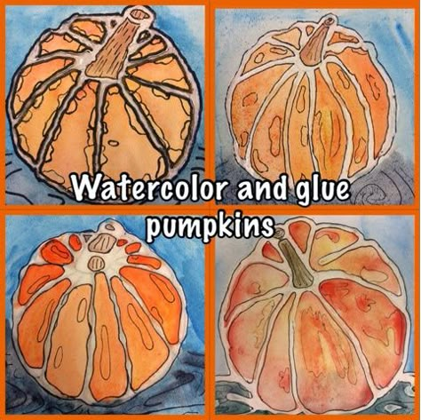 Watercolor and Glue Pumpkins Themed Art Projects, Pumpkin Art Project, Halloween Art Projects, October Art, Fall Art Projects, Art Program, 6th Grade Art, 4th Grade Art, 5th Grade Art