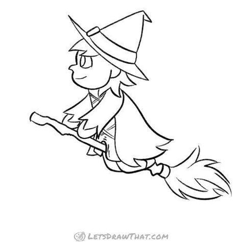 Learn how to draw a witch in this easy drawing step by step tutorial. Turn simple chibi-style girl into a cute witch flying her broom on a full moon night. A step by step drawing tutorial. Cute Witch Art Easy, How To Draw A Witch Easy, Easy Witch Drawing, Witch Drawing Easy, Cartoon Witch, Fly Drawing, Witch Drawing, Chibi Body, Easy Drawing Steps