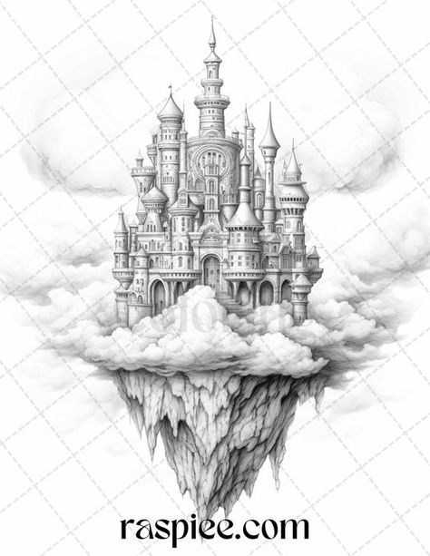 Coloring Pages for Adults Floating Castle, Majestic Castle, Grayscale Coloring Pages For Adults, Castle Tattoo, Castle Drawing, Coloring Pages Winter, City Sketch, Farm Animal Coloring Pages, Cloud Tattoo