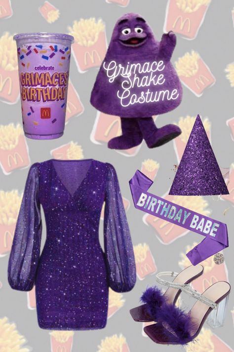 Looking for a fun and unique Halloween costume this year? How about a Grimace Shake costume! This iconic McDonald's character is sure to turn heads and make people smile. The costume features a a birthday party outfit, birthday hat and sash and the iconic shake. This costume is perfect for anyone looking for a playful and viral Halloween costume. Diy Grimace Costume, Grimace Birthday Party, Grimace Costume Diy, Grimace Halloween Costume, Grimace Costume, Grimace Birthday, 2023 Halloween Costumes, Party Outfit Birthday, Grimace Shake