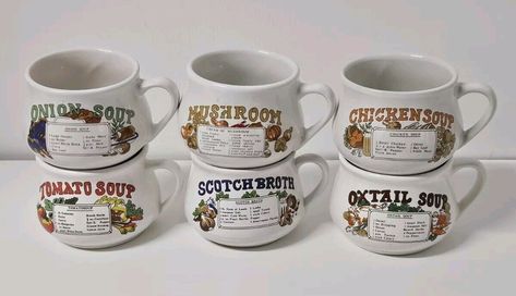 Vintage Recipe Soup Mugs Bowls Ceramic x6 Retro 70s & 80s FREE POSTAGE 6 different vintage recipe soup bowls. All in good condition. No chips or cracks. Some slight shelf wear where they have rubbed against each other. Couple with slight transfer loss. The recipes include, Chicken Mushroom Scotch Broth Oxtail Soup Onion Tomato Ceramic Soup Mug, Soup Onion, Scotch Broth, Oxtail Soup, Recipe Soup, Bowls Ceramic, Chicken Mushroom, Mushroom Chicken, Soup Mugs