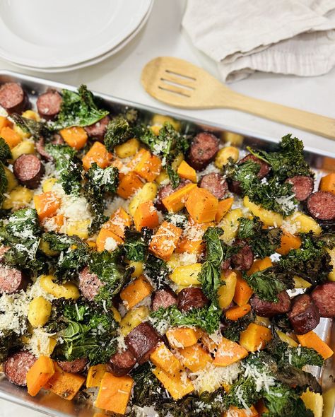 Sheet Pan Sausage Gnocchi with Crispy Kale — Christie's lovestory Kale Sheet Pan Dinner, Chicken Gnocchi Sheet Pan Dinner, Kale Dinner Ideas, Sheet Pan Dinners Gnocchi, Sausage Gnocchi Sheet Pan, Gnocchi Sheet Pan Dinner, Healthy Gnocchi Recipes, Gnocchi Sheet Pan, Sausage Sheet Pan Dinner