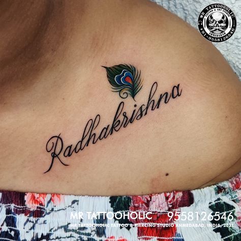 #radhekrishnatattoo #radhekrishna #radhe #krishna #peacocktattoo #peacock #feather #peacockfeathers #colorfultattoo #colorful #qoutestattoo #scripture #lovetattoo #love #couplegoals #cute #cutetattoo #awesometattoos #wow #lovelife #lovely #beauty #mrtattooholic #ahmedabad #ahmedabadtattoo #faith #krishnalover #godlove #god #lordshiva #lord #lordkrishna #goddess Radhe Krishna Tattoo Design, Radhe Radhe Tattoo, Radhe Krishna Tattoo, Function Outfit, Name Tattoo On Hand, Krishna Names, Saree Function, Krishna Tattoo, Demon Aesthetic