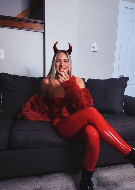 Devil Costumes Women, Devil Costume Ideas For Women, Devil Costume Women College, Simple Devil Costume, Devil Diy Costume Women, Women Devil Costume, Demon Girl Costume, Red Devil Costume Women, Dark Devil Costume