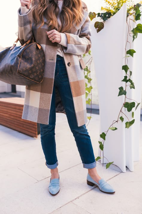 ShopThelma Loafers, Loafers and Jeans, Cashmere Sweater, DKNY Coat, Checkered Coat, Oversize Coat, LV Speedy, Casual Style, Fall Look, Loafers Outfit, Hello It's LOH, Lejla Hasanovic Light Blue Loafers Outfit Women, Blue Loafers Outfit Women, Winter Coat Ideas, Socal Fashion, Mocassin Outfit, Loafers Outfit Women, Loafers And Jeans, Blue Shoes Outfit, Workwear Inspiration