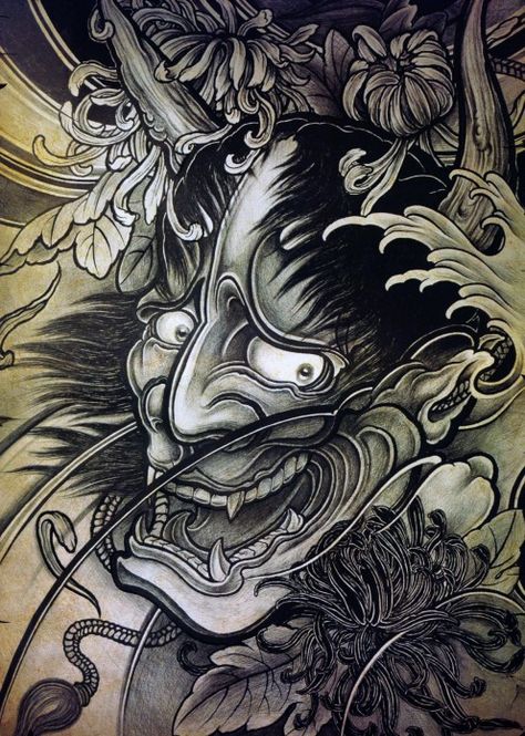 Japanese Hannya Tattoos: Origins, Meanings & Ideas Hannya Maske, Japanese Mask Tattoo, Snake Tattoo Meaning, Japanese Snake Tattoo, Guerriero Samurai, Oni Tattoo, Samurai Tattoo Design, Hannya Mask, Japan Tattoo Design