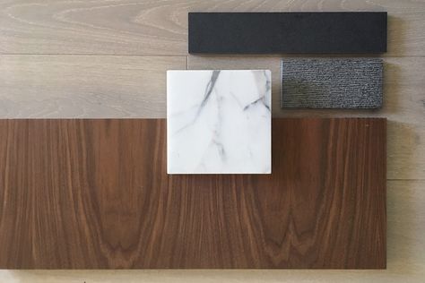 walnut, marble, basalt + white oak / interior at entry Walnut Kitchen Mood Board, Black Wallpaper Bedroom, Materials Palette, Monochromatic Interior, Kitchen Materials, Grape Arbor, Architectural Finishes, Modernist Interior, Oak Interior