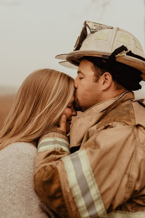 Save The Date Firefighter, Firefighter Love Aesthetic, Fire Station Engagement Pictures, Fire Department Engagement Photos, Fireman Engagement Pictures, Fire Fighter Engagement Photos, Fire Engagement Photos, Firefighter Wedding Ideas, Firefighter Couple Pictures