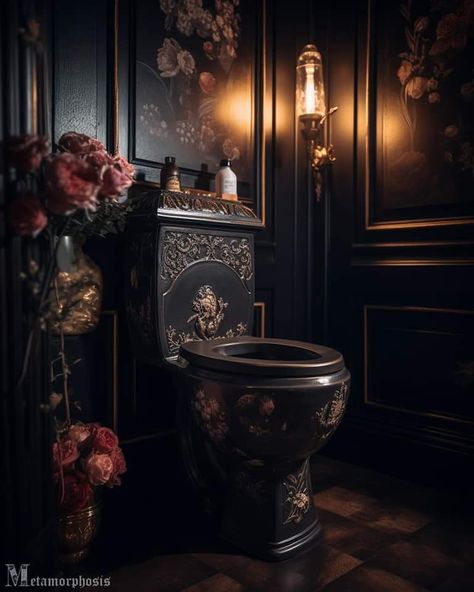 Gothic Interior Design Bathroom, Victorian Bathrooms, Gothic Toilet, Gothic House Interior Bathroom, Gothic Luxury Bathroom, Victorian Gothic Bathroom, Steampunk Toilet, Dark Royal Bathroom, French Vintage Bathroom