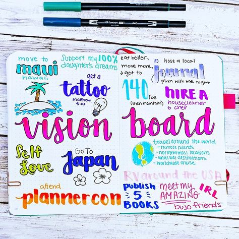 Does anybody use a vision board in their bullet journals? I was hoping to print out some things from the internet rather than doodle and letter everything, but they didn't quite work out the way I intended! . Vision boards are a great, general way to keep your future goals and dreams in one place. When I feel blah, I like to come to this page to help inspire me through tough days. . Many people claim that manifesting their goals and dreams is much easier by using a vision board! . What's on your Vision Journal Ideas, Bullet Journal Vision Board, Journal Vision Board, Vision Board Journal, Goal Setting Activities, Creating A Vision, Create A Vision Board, Vision Board Examples, Goals Bullet Journal