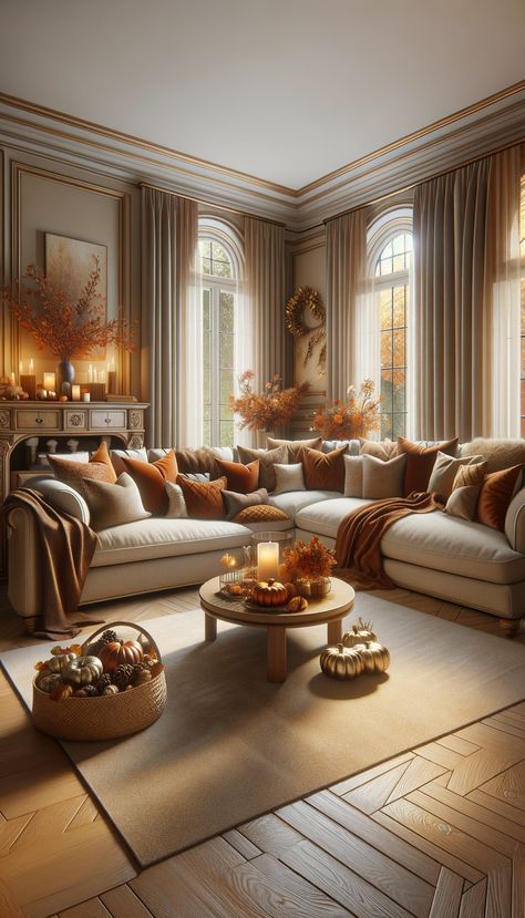 A cozy living room with an autumnal theme. Beige sectional sofa adorned with throw pillows. A blanket hangs over the arm. Coffee table decorated with fall decor. Console table behind the sofa displays more items. Light enhances the room's warm ambiance. Brown Aesthetic Living Room, Beige Sofa Pillow Ideas, Living Room Beige Sofa, Beige Sofa Pillows, Fall Living Room Ideas, Sectional Sofa Beige, Condo Living Room, Fall Living Room Decor, Aesthetic Living Room