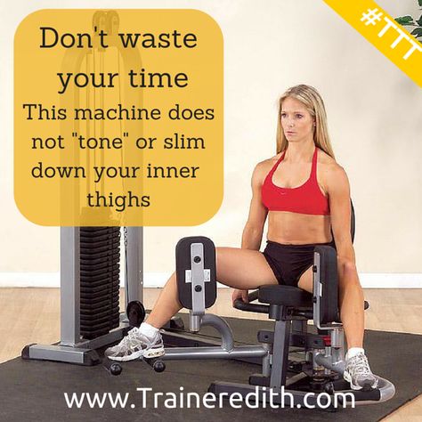 Far too often I see girls pounding away on the hip adduction machine in high hopes, I presume, of either "toning" or slimming down their inner thighs. This awkward machine does work and strengthen the adductor muscles which is an important stabilizer muscle for the hips and knees. However, you will not build size and you will definitely not reduce fat in this area. It might sometimes be useful for rehab but most of us have no real use for it(...) Further, the movement of the hip adduction machin Hip Adduction, Hip Adduction Machine, High Hopes, Inner Thigh, How To Slim Down, Lifestyle, Health