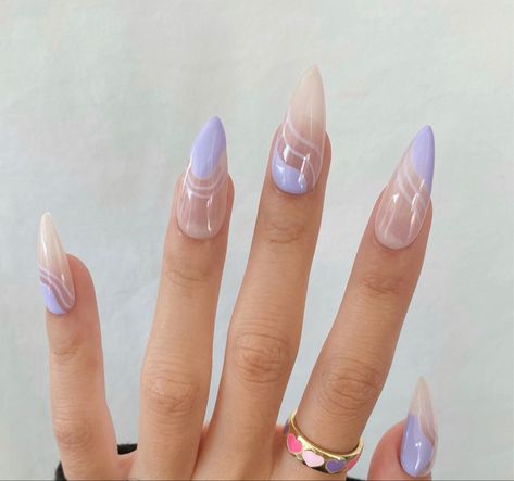 Purple Lines Nails, Almond Nails Designs September, Lavender Nails Almond, Lavender Almond Nails, Gel X Almond Nails, Nail Inspo Vacation, Gel X Almond, Purple Almond Nails, Trendy Nails Gel