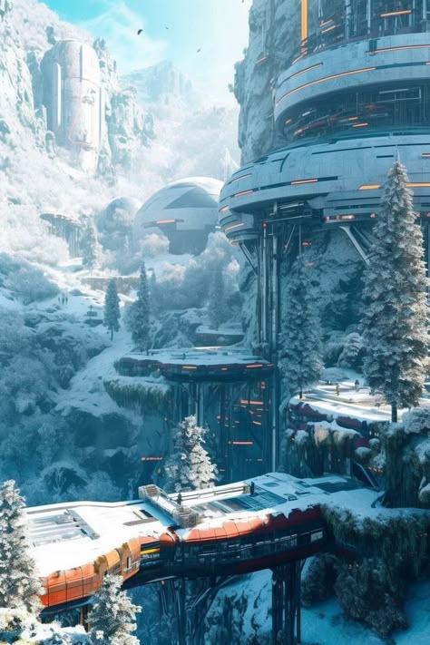 Sci Fi Snow City, Futuristic Snow City, Fantasy Hotel, Futuristic City Utopia, Fictional City, Snow City, Scifi Environment, Earth City, Sci Fi Landscape