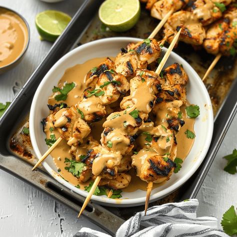 Thai Peanut Chicken Skewers - Recipes, Tasks & Tools Thai Peanut Chicken Skewers, Thai Chicken Skewers, Skewers Recipes, Peanut Butter Chicken, Thai Peanut Chicken, Chicken Skewer Recipe, Broiled Chicken, Chicken Chunks, Thai Peanut