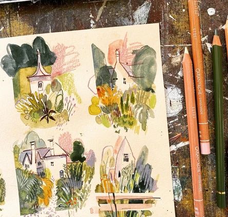 Sections of houses visible throughout the Cotswolds | Sketchbooks Watercolor Landscape Illustration, Travel Journal Art, Art Travel Journal, Watercolor And Pencil Illustration, Travel Watercolor Journal, Watercolor Ink Illustration, Travel Sketchbook Ideas, Watercolor Art Journal Ideas, Illustrators Sketchbook