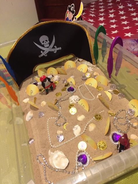 Pirate Themed Sensory Bin, Sensory Pirate Activities, Pirates Sensory Bin, Pirates Sensory Activities, Pirate Themed Activities Eyfs, Pirate Sensory Play, Pirate Craft Preschool, Pirates Eyfs Activities, Pirate Eyfs Activities