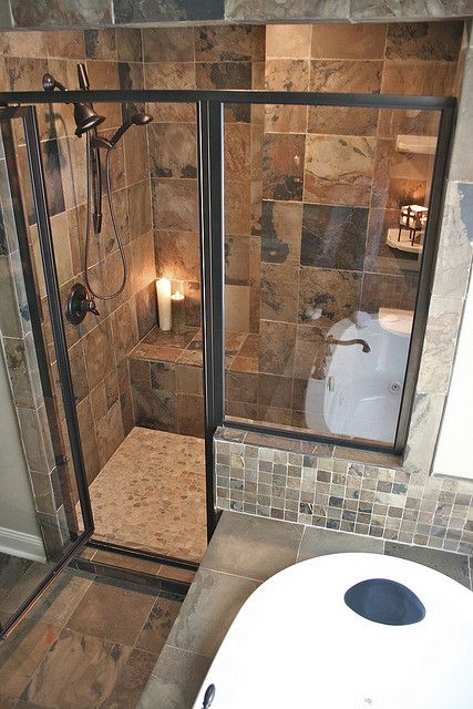 Pretty close to what I want... #custombathroom #dreamhouse Showers With Benches, Tub In Shower Area, Shower Upgrade, Slate Shower, Shower Combo, Candle Shelf, Shower Area, Rustic Shower, Earthy Colours