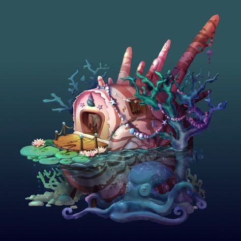 ArtStation - My fantasy house, Matvievskaya Ekaterina Fantasy Water House, Underwater House Art, Underwater House Fantasy Art, Mermaid House Underwater, Underwater City Concept Art, House Underwater, Underwater Architecture, Seashell House, Mermaid House