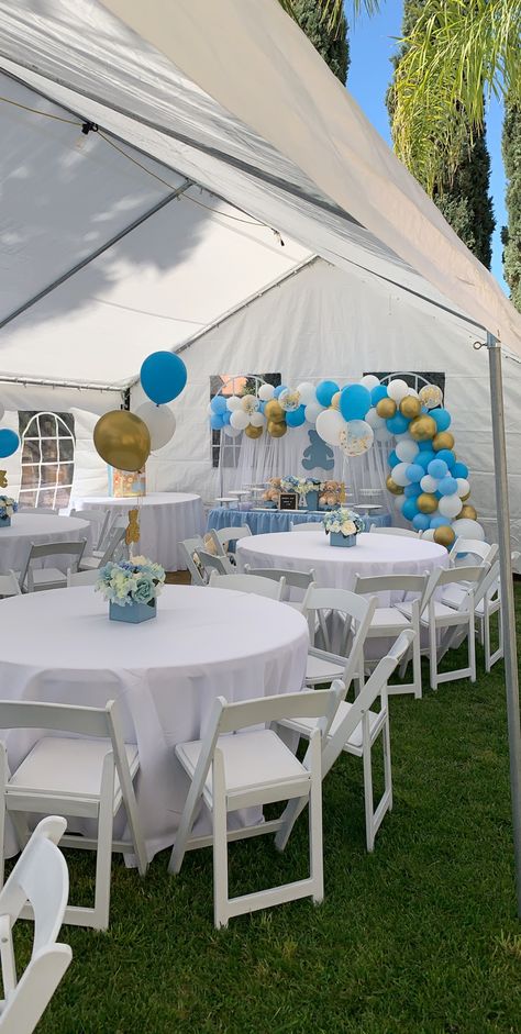 Diy Event Tent Outdoor Parties, Back Yard Baby Shower Decoration, Blue Outdoor Party Decor, Party Tents Backyard, Baby Shower Outside Decorations, Outdoor Boy Baby Shower Ideas, Backyard Tent Party Ideas, Backyard Baby Shower Ideas Boys, Back Yard Baby Shower Diy