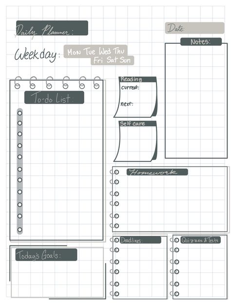 Student Daily Planner Aesthetic, Dairy Planner Ideas, Daily Printable Planner Free, Daily Planner Design Ideas, Cute Daily Planner Template Aesthetic, Daily Notes Ideas, Daily Dairy Ideas, Studying Templates, Dairy Template