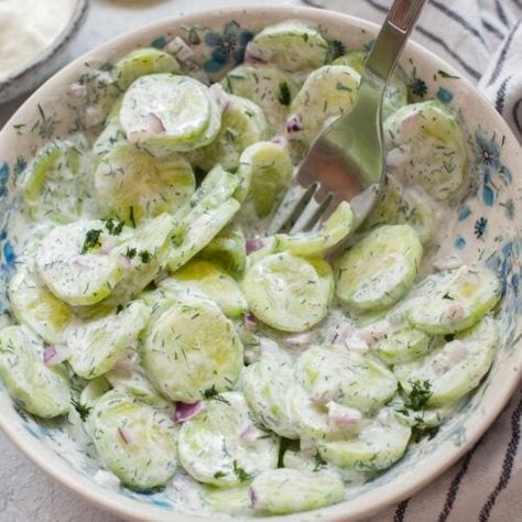 Mizeria (Polish cucumber salad) - Everyday Delicious Cucumber Salad Sour Cream, Best Pierogi Dough Recipe, Polish Meals, Dill Salad, Salad Appetizer Cups, Cucumber Dill Salad, Cucumber Salad Recipe, Cucumber Dill, Creamy Cucumber Salad