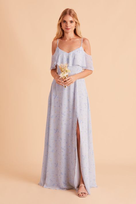 Jane Convertible Chiffon Bridesmaid Dress in Dusty Blue Floret | Birdy Grey Bridesmaid Dresses Floral Print, Patterned Bridesmaid, Patterned Dresses, Printed Bridesmaid Dresses, Grey Bridesmaids, Floral Bridesmaid Dresses, Convertible Bridesmaid Dress, Bridesmaid Attire, Dusty Blue Bridesmaid Dresses