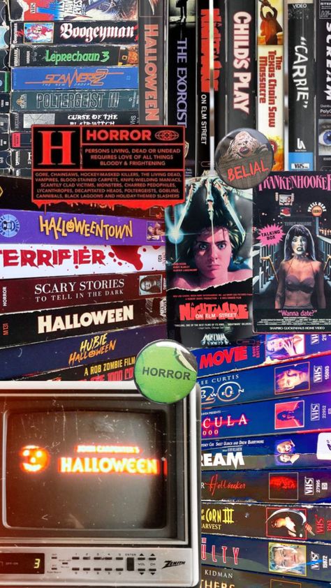 #horror #horrormovies #horroraesthetic #horrormovie #horrorcore #vhs #70s #80s #90s #retro #blockbuster #videorental #nostalgia #nostalgic #movies #movie #movienight #wallpaper #wallpapercollage 90s Horror Movies, Nostalgic Movies, Horror Vhs, Scantily Clad, Wallpaper Collage, Black Lagoon, The Exorcist, Elm Street, Living Dead