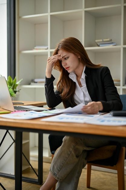 Sitting Desk Pose Reference, Office Reference, Sitting At Desk, Girl Reference, Woman Office, Girl Standing, First Girl, Premium Photo, Business Women