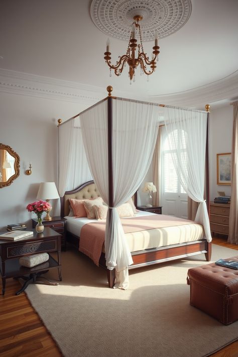 15 Ideas and Inspiration for Bedrooms with Canopy Beds – bedroomideas.fun Modern Canopy Bed With Drapes, How To Add A Canopy To A Bed, Cottage Canopy Bed, Canopy Bed Inspiration, Cozy Canopy Bed, English Cottage Bedrooms, Farmhouse Canopy Bed, Farmhouse Canopy Beds, Canopy Bed Drapes