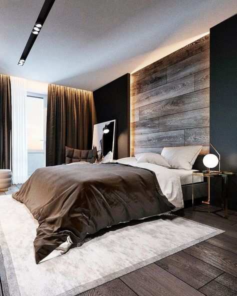 Wood Wallpaper In Bedroom, Bedroom Wall Ideas For Men, Masculine Master Bedrooms Decor, Black Panelling Bedroom, Masculine Headboard, Black Wooden Headboard, Wooden Headboard Bedroom, Elegant Master Bedrooms Decor Modern, Black Paneling