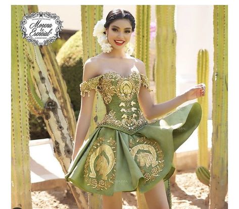 Charro Dresses For Damas, Green Charro Dress, Green Charro Quinceanera Dresses, Charro Vestidos, Two Piece Quinceanera Dresses, Quinceanera Dresses Green, Quinceanera Dresses Mexican, Vestido Charro, Green Quinceanera Dresses