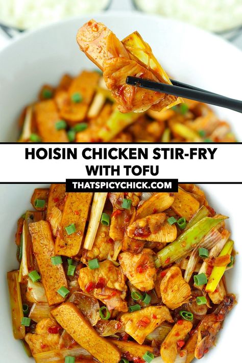 This Hoisin Chicken Stir-fry with Tofu is quick and easy to make in under 30 minutes and exploding with addictive savory, sweet, and spicy flavors! Tender chicken pieces, tofu, and Welsh onion get tossed with fragrant aromatics in a delicious spicy and sweet sauce! #chicken #stirfry #hoisinsauce #chinesefood #asianfood #spicy #dinner #easyrecipes #betterthantakeout | That Spicy Chick Spicy Dinner, Hoisin Chicken, Chinese Cooking Wine, Favorite Recipes Chicken, Sweet And Spicy Sauce, Tofu Stir Fry, Sauce Chicken, Chicken Pieces, Chinese Chicken