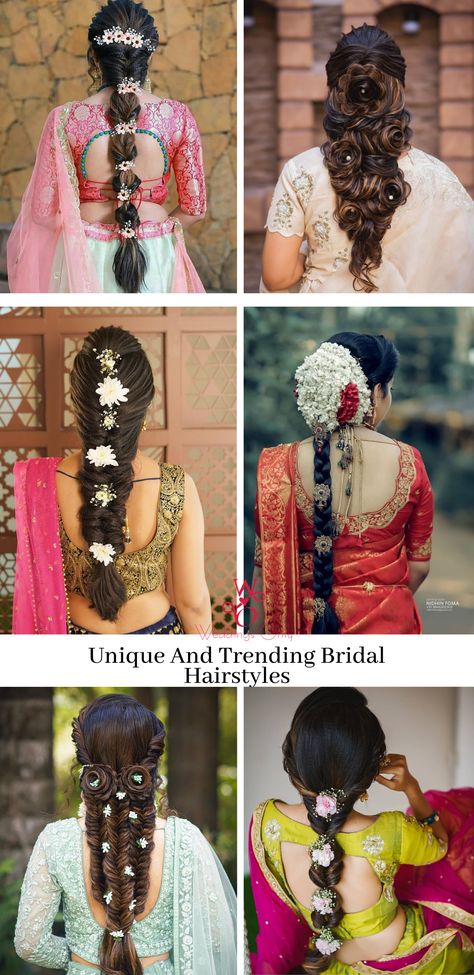 South Hairstyles Indian Weddings, Reception Hair Do South Indian, Engagement Bride Indian Hairstyles, Hair Styles Engagement Indian Bridal Makeup, Bridal Hair Brades, Hairstyle For Marriage Indian, Trending Bride Hairstyles, Hairstyles Bride Indian, Hair Styles For Indian Bride