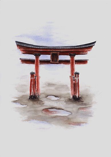 Torii gate watercolor art print painting, japanese symbol for sale. / Original ink painting by Mariusz Szmerdt. / Japanese ideas home decor. / More torii gate paintings available on my blog: http://sumi-e.pl • Millions of unique designs by independent artists. Find your thing. Japanese Architecture Drawings, Japanese Temple Tattoo, Japanese Gate, Arte Zombie, Zen Painting, Japan Landscape, Japan Architecture, Japanese Watercolor, Torii Gate