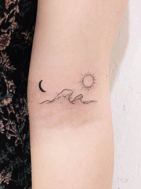 65 Awe-inspiring Wave Tattoos With Meaning - Our Mindful Life Sun Moon Stars Sea Tattoo, Sunset And Waves Tattoo, Sun Moon Ocean Tattoo, Ocean And Moon Tattoo, Moon And Ocean Tattoo, Sun And Wave Tattoo, Tattoo Pols, Hanger Tattoo, Sun And Moon Tattoos